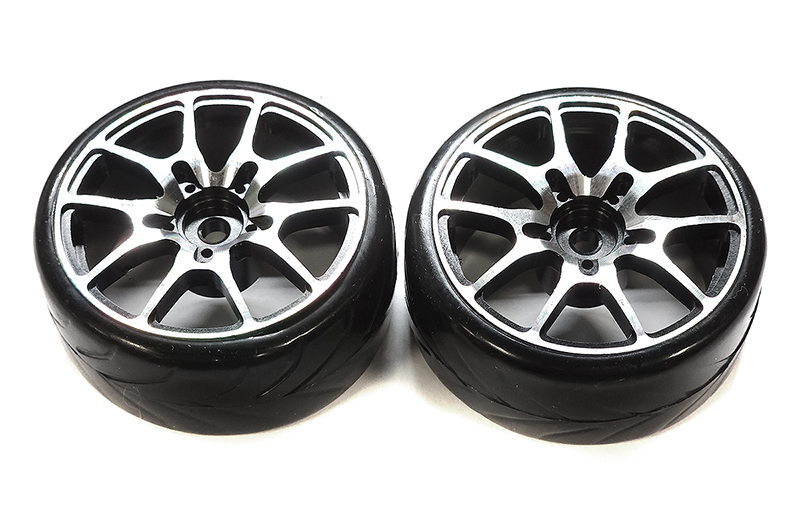 23.ZD26 Alloy 10 Spoke Wheels & Tires Set (2) for 1/10 Drift W=26mm (tire damaged) - Image 1