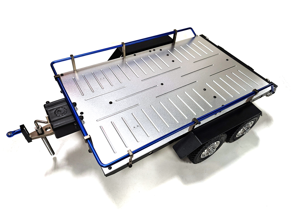 24.ZF211 Blue Machined Alloy Flatbed Dual Axle Trailer Kit for 1/10 Scale RC (w/o lights) - Image 1