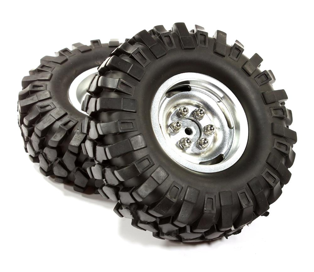 C24505SILVER Billet Machined H3 Spoke 1.9 Wheel & Tire Set (2) for Scale Crawler (O.D.=95mm) - Image 1