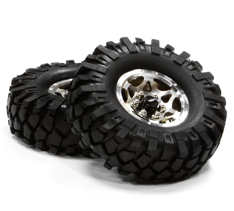 C24752SILVER Billet Machined 6 Spoke XD 1.9 Wheel & Tire (2) for Scale Crawler (O.D.=110mm) - Image 1