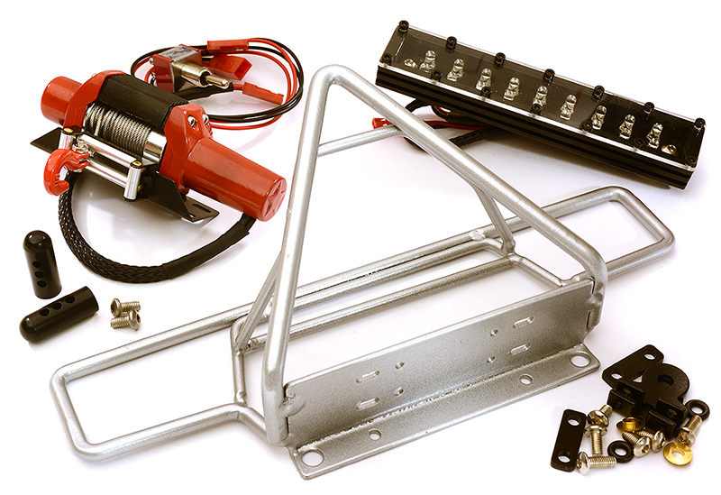 C25571SILVER Realistic Steel Front Bumper w/ Winch & Roof Top LED for SCX-10 43mm Mount - Image 1