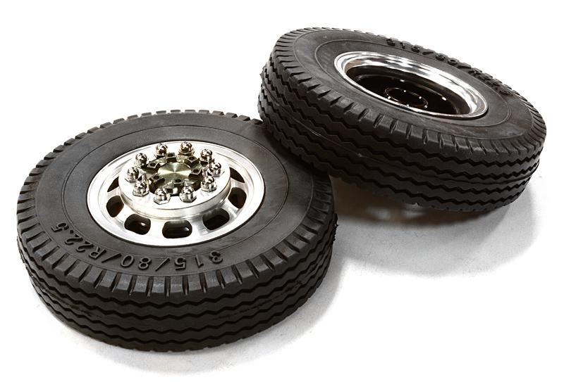 C26573GUN Machined Alloy T5 Front Wheel & XE Tire Set for Tamiya 1/14 Scale Tractor Trucks - Image 1