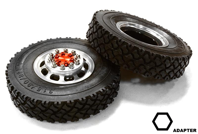 C26574RED Machined Alloy T5 Front Wheel & XC Tire Set for Hex Type 1/14 Scale Trucks - Image 1