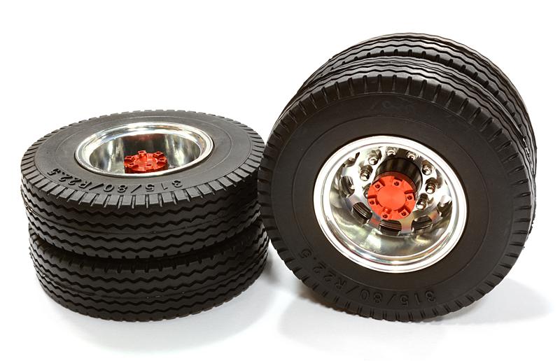 C26578RED Machined Alloy T5 Rear Dually Wheel & XE Tire for Tamiya 1/14 Scale Trucks - Image 1