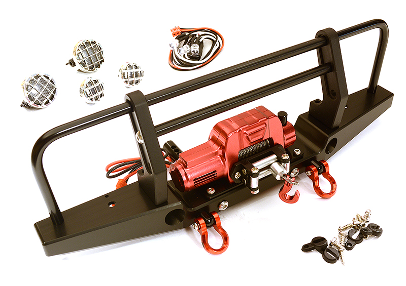 C28030BLACKRED Realistic Front Alloy Bumper w/ Winch & LED for Traxxas TRX-4 w/ 43mm Mount - Image 1