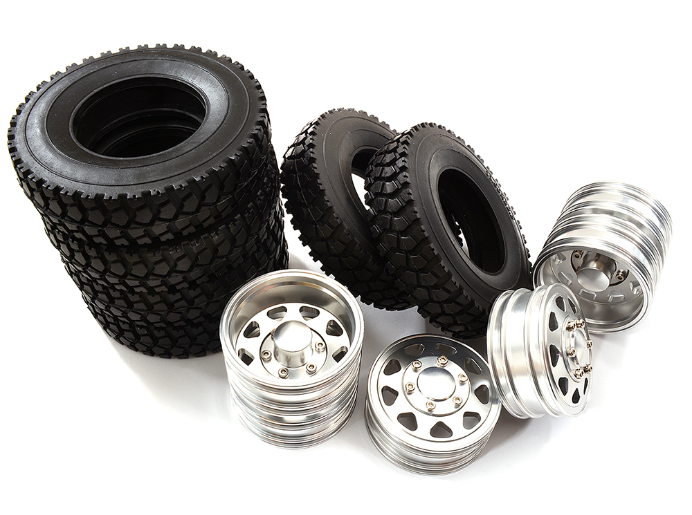 C31126 Front & Rear Alloy Wheel + Tire (4) Set for Tamiya 1/14 1838 1850 Truck - Image 1