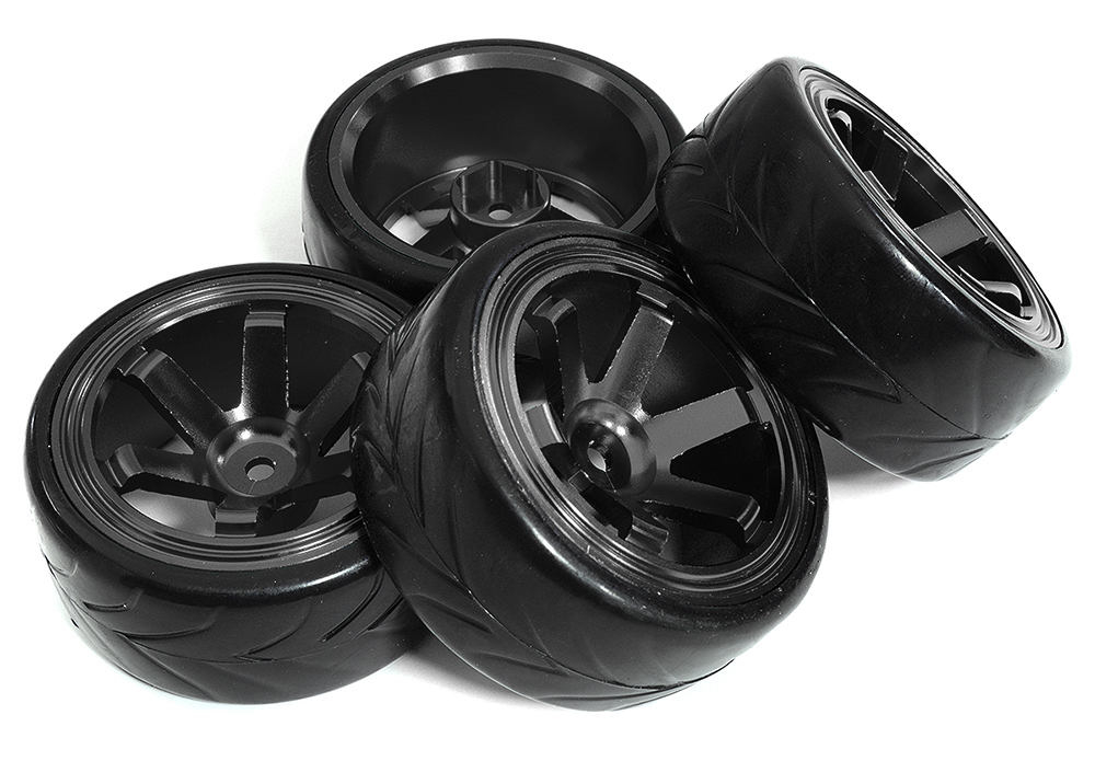C31347BLACK 6 Spoke Wheel & Tire Set (4) for Drift Racing (O.D.=62mm) W=26mm Offset 6.5mm - Image 1