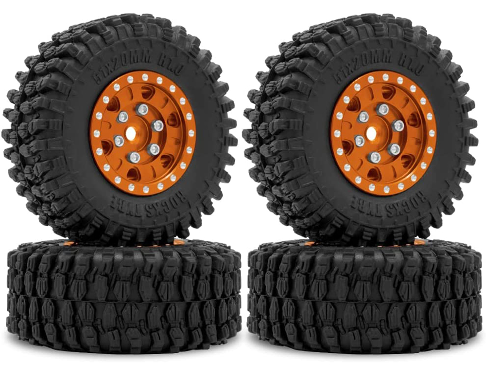 C32191ORANGE Alloy Machined Wheels (4) w/ Rubber Tires for Axial 1/24 SCX24 O.D.=51mm - Image 1